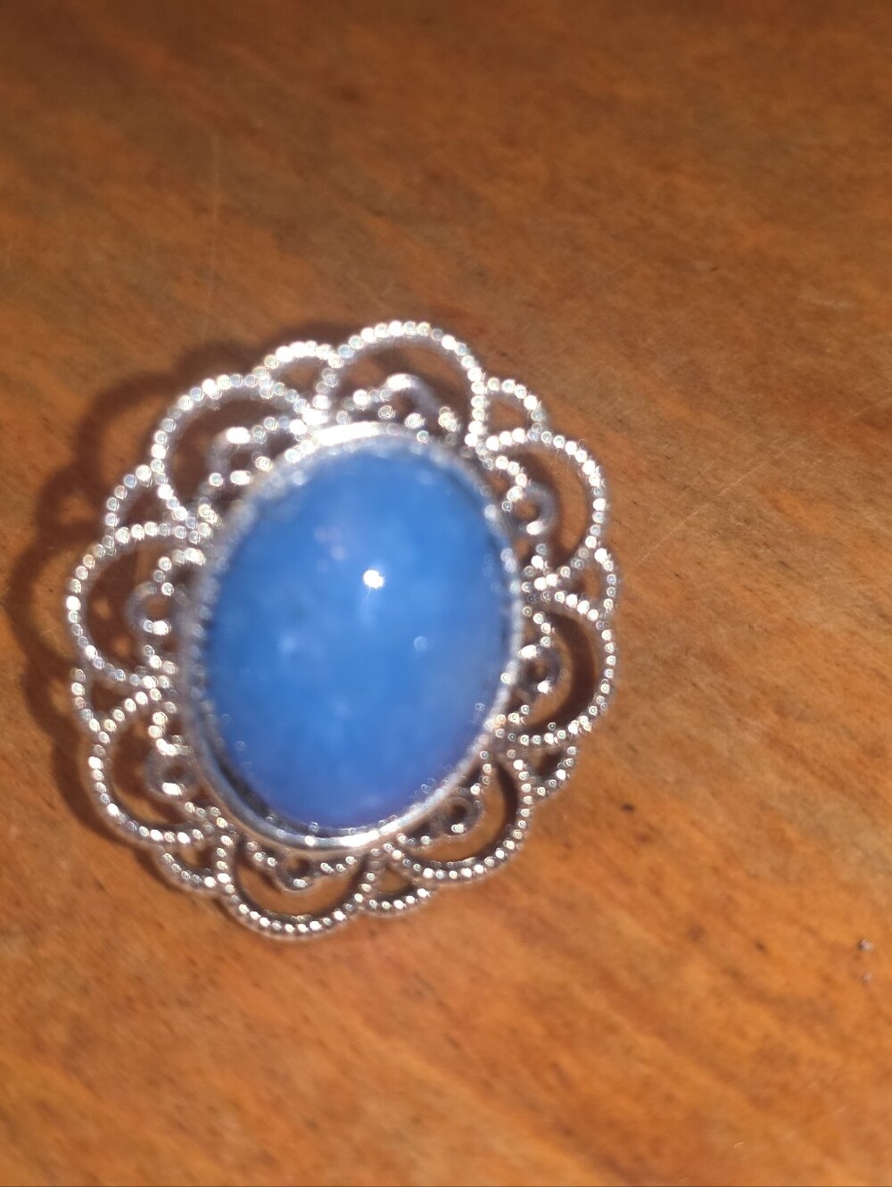 Beautiful Sky Blue Fenstone In A Silver Tone Frame, Adjustable Ring